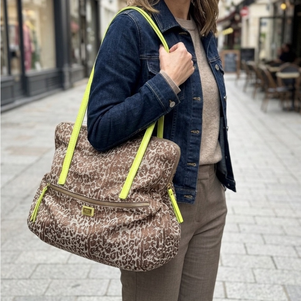 Roberto Cavalli Leopard-Print Shoulder Bag with Neon Yellow Straps
